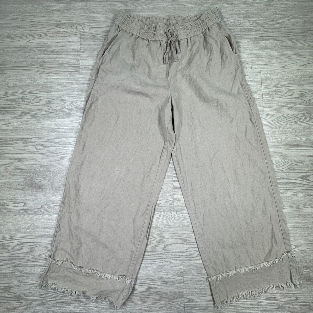 John Mark Women's Pants Linen Wide Leg Tan Small Raw Fringe Hem Drawstring‎